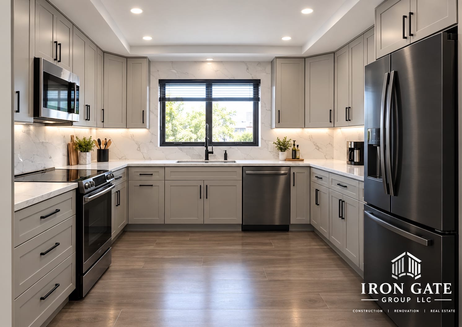 Renovated kitchen with gray cabinetry and stainless steel appliances